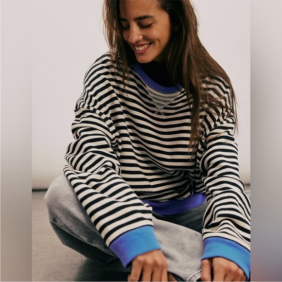 We The Free Striped Sweatshirt In Black/White/Blue French Terry Crewneck SZ S - Picture 11 of 16